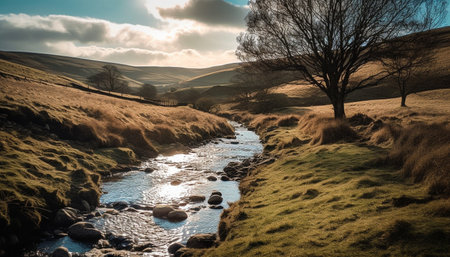 Tranquil meadow, mountain range, sunset, flowing water generated by artificial intelligenceの素材