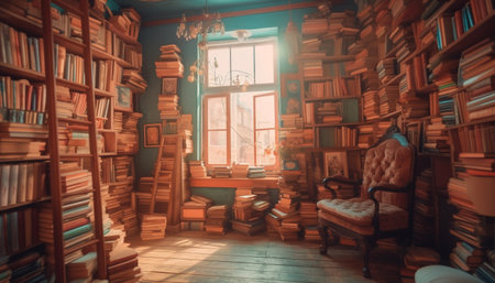 Abundance of old literature on bookshelf indoors generated by artificial intelligenceの素材