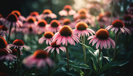 Vibrant coneflower blossom in rural meadow scene generated by artificial intelligenceの素材