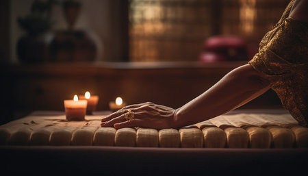 Women holding candle enjoy tranquil spa treatment generated by artificial intelligenceの素材