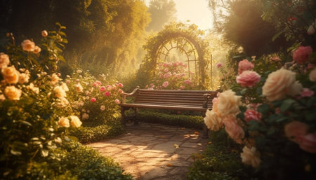 Blossoming flowers adorn tranquil formal garden bench generated by artificial intelligenceの素材