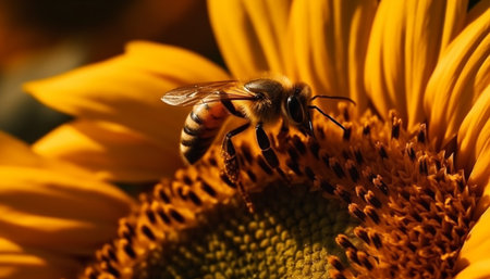 Busy honey bee pollinates single sunflower petal generated by artificial intelligenceの素材