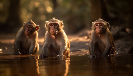 Young macaque sitting by water in reflection generated by artificial intelligenceの素材