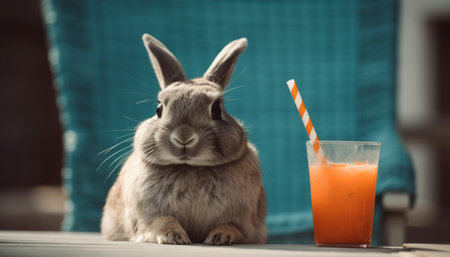 Fluffy baby rabbit sitting on table eating carrot generated by artificial intelligenceの素材