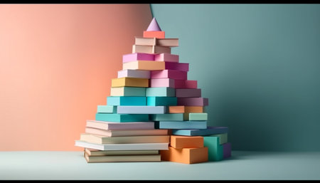 A colorful stack of books under a tree generated by artificial intelligenceの素材
