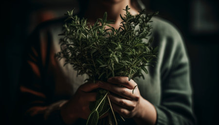 Young women holding fresh leaf bouquet indoors generated by artificial intelligenceの素材