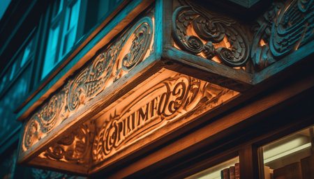 Illuminated window decoration showcases old fashioned architectural feature generated by artificial intelligenceの素材