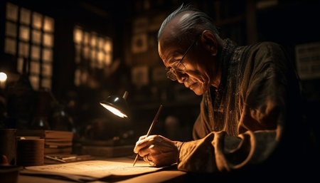 One skilled carpenter concentrates on his craft generated by artificial intelligenceの素材