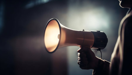Men holding megaphone shouting message to public audience generated by artificial intelligenceの素材
