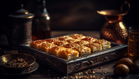 Homemade baklava, a sweet Turkish dessert generated by artificial intelligenceの素材