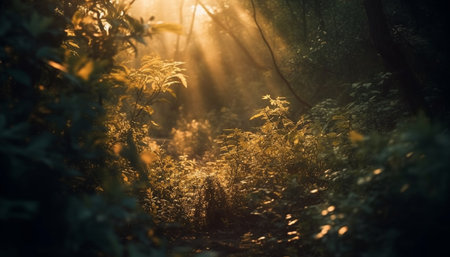 Sunlit autumn forest, leaves crunch underfoot generated by artificial intelligenceの素材