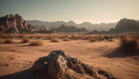 Majestic mountain range, tranquil sunset over sand dunes generated by artificial intelligenceの素材