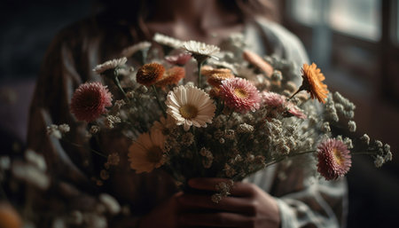 Caucasian women holding bouquet of fresh daisies indoors generated by artificial intelligenceの素材