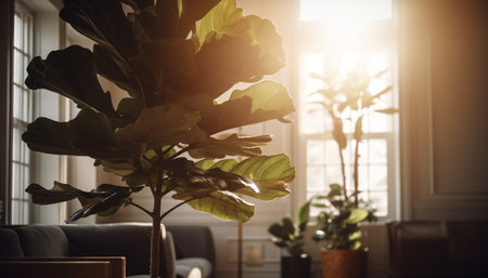 Sunlit living room with fresh bouquet decoration generated by artificial intelligenceの素材