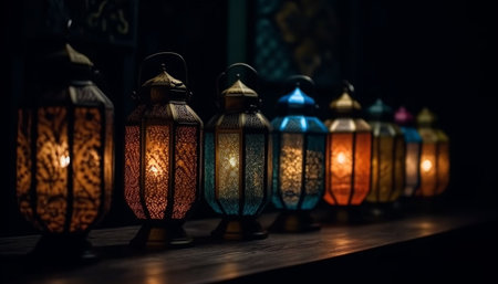 Antique lanterns hanging in a row, glowing indoors generated by artificial intelligenceの素材