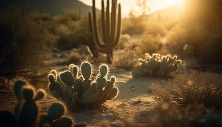 Silhouette of saguaro cactus back lit by sunset generated by artificial intelligenceの素材