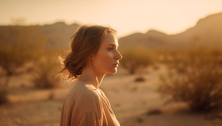 Young woman enjoying nature beauty at sunset generated by artificial intelligenceの素材