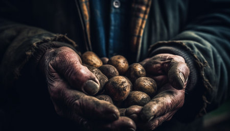 Dirty farmer holding organic food in autumn forest generated by artificial intelligenceの素材