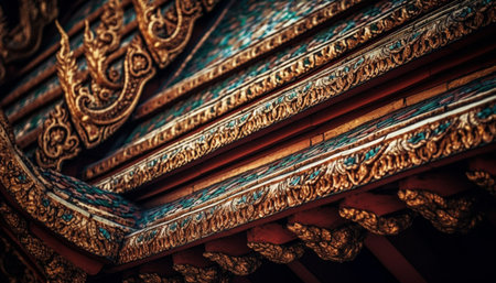 Ornate pagoda roof, gold sculpture, ancient civilization generated by artificial intelligenceの素材