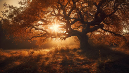 Autumn forest glows in bright sunlight colors generated by artificial intelligenceの素材