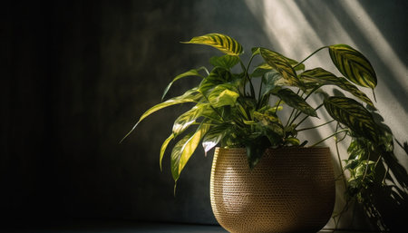 Fresh green plant in vase on table generated by artificial intelligenceの素材
