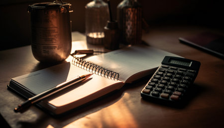 Stack of books on wooden desk, studying literature generated by artificial intelligenceの素材