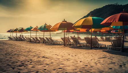 Sunset over tranquil seascape, perfect for relaxation generated by artificial intelligenceの素材