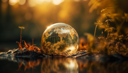 Sunset sphere reflects global nature beauty in water generated by artificial intelligenceの素材