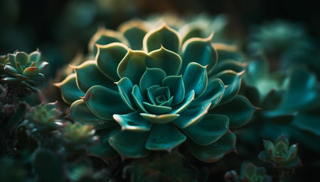 Fresh green succulent plant with beautiful flower head generated by artificial intelligenceの素材