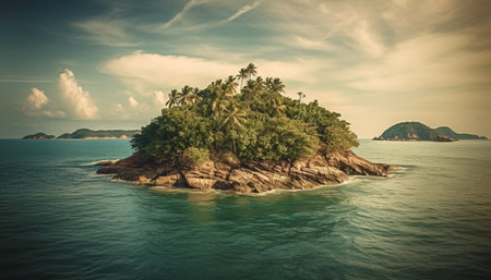 Tropical sunset over tranquil waters and palm trees generated by artificial intelligenceの素材