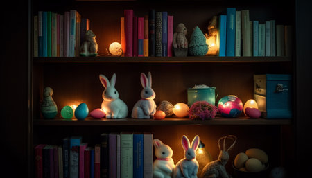 Cute rabbit toy decorates dark bookshelf indoors generated by artificial intelligenceの素材
