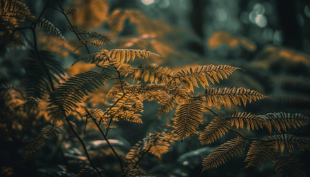 The vibrant green ferns decorate the forest floor generated by artificial intelligenceの素材