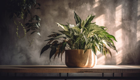 Fresh green houseplant on rustic wooden shelf generated by artificial intelligenceの素材