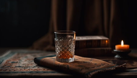 Luxury whiskey bottle on rustic wood table generated by artificial intelligenceの素材