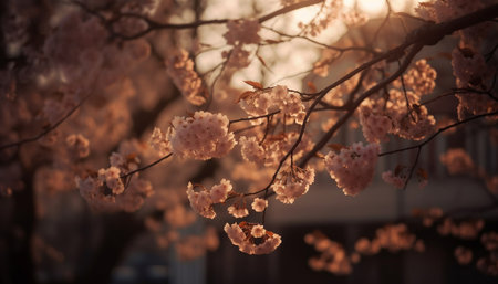 Cherry blossom tree, pink petals at dusk generated by artificial intelligenceの素材
