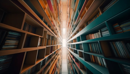Abundance of knowledge in old bookstore shelves generated by artificial intelligenceの素材