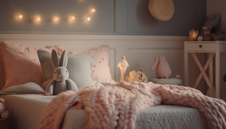 Cozy bedroom with modern decor and cute toys generated by artificial intelligenceの素材