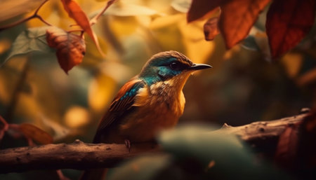 Endangered bee eater perching on autumn branch generated by artificial intelligenceの素材