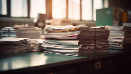 Office paperwork chaos, stacks of files everywhere generated by artificial intelligenceの素材