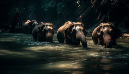 Group of elephants walking in tropical rainforest generated by artificial intelligenceの素材