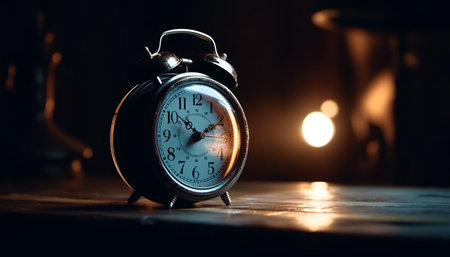 Old fashioned alarm clock on wooden table ticking generated by artificial intelligenceの素材