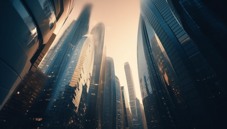 Futuristic skyscrapers illuminate the modern city skyline generated by artificial intelligenceの素材