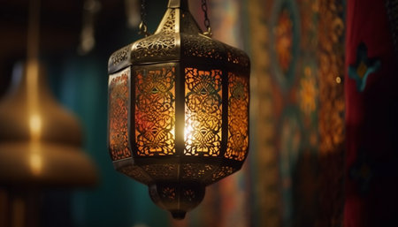 Illuminated antique lanterns hang in Arabic style generated by artificial intelligenceの素材