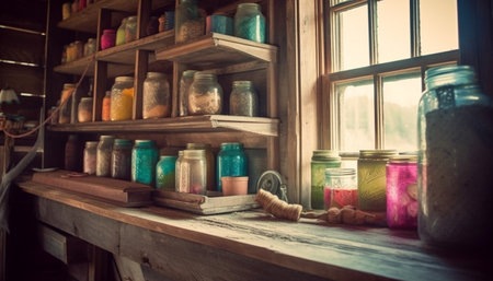 Rustic workshop shelves display homemade craft collection variety generated by artificial intelligenceの素材
