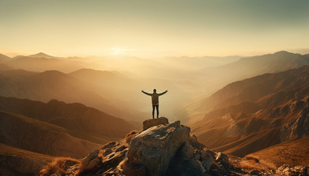 Standing on mountain peak, arms outstretched in joy generated by artificial intelligenceの素材