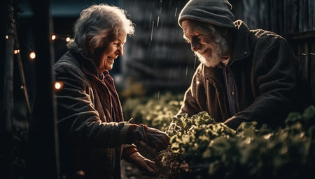 Smiling senior couple holding organic vegetable harvest generated by artificial intelligenceの素材