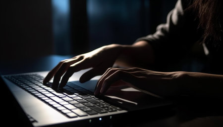 Busy programmer typing emails on laptop at night generated by artificial intelligenceの素材