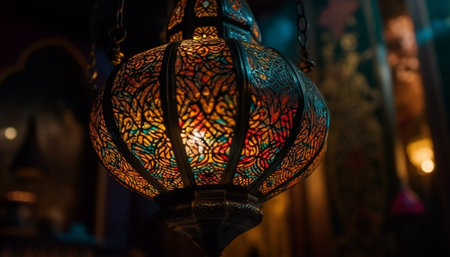 Illuminated lanterns hanging, ornate decoration for celebration generated by artificial intelligenceの素材