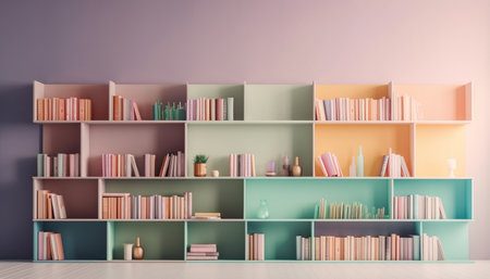 Large collection of literature on modern bookshelf generated by artificial intelligenceの素材
