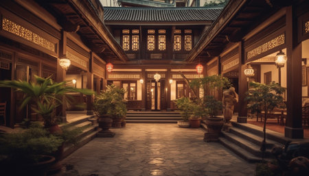 Ancient lanterns illuminate modern Chinese architecture at night generated by artificial intelligenceの素材